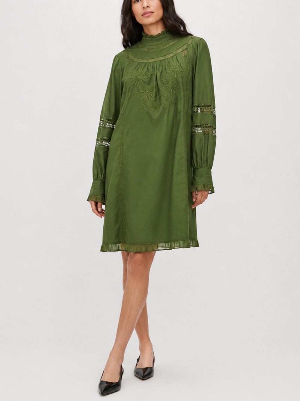 New JCrew Olive Green Embroidered Lace High Neck Shift Dress